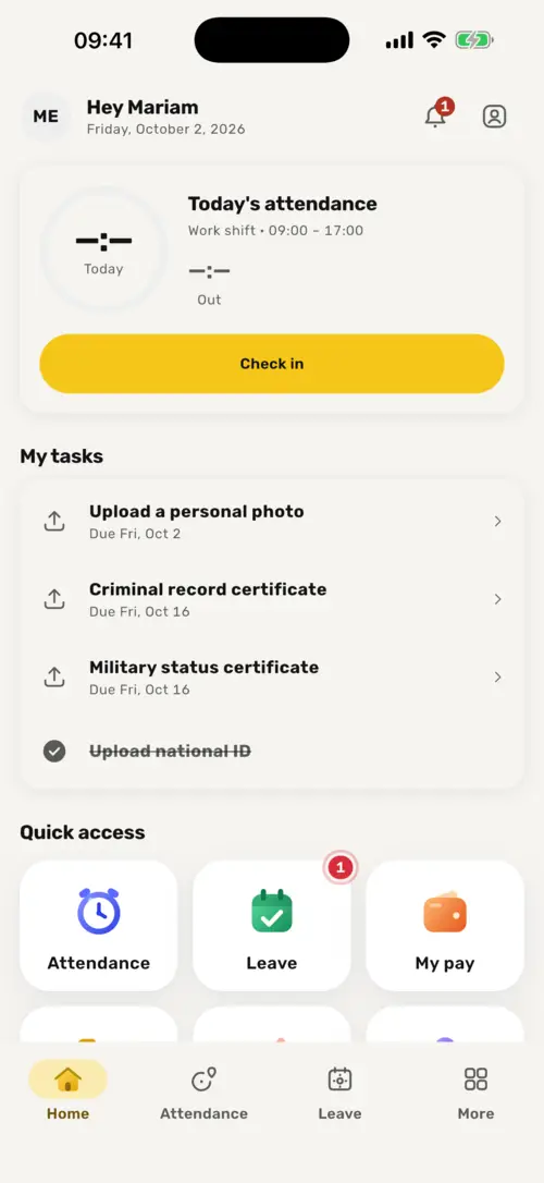Home screen with My tasks