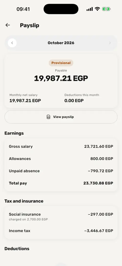 A payslip in the app